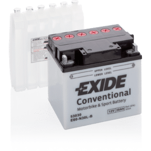 Batería Exide E60-N30L-B Moto 12V Conventional. 12V - 30Ah/300A (EN) (185x128x168mm)